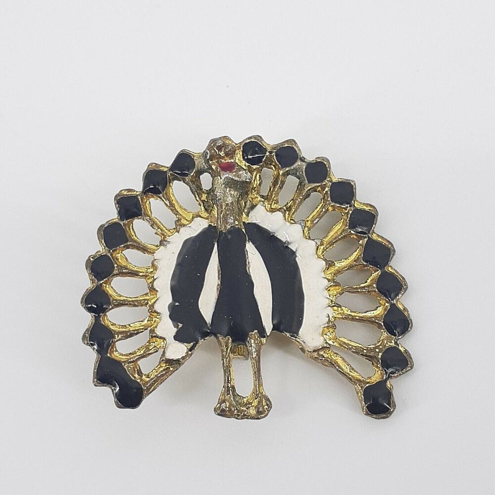 Peacock Vintage Brooch Black White Enamel Pin Bird Ave Feathers Red Eyes - Picture 1 of 5